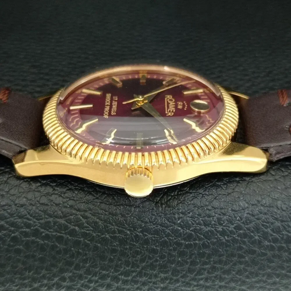 Vintage 1973 Roamer Manual Mens Gold Watch W/Leather Strap & Red accents
